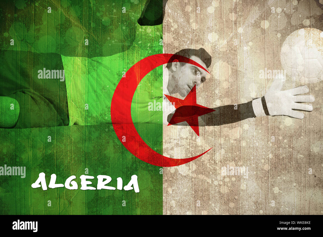 Goalkeeper in white making a save against algeria flag in grunge effect Stock Photo