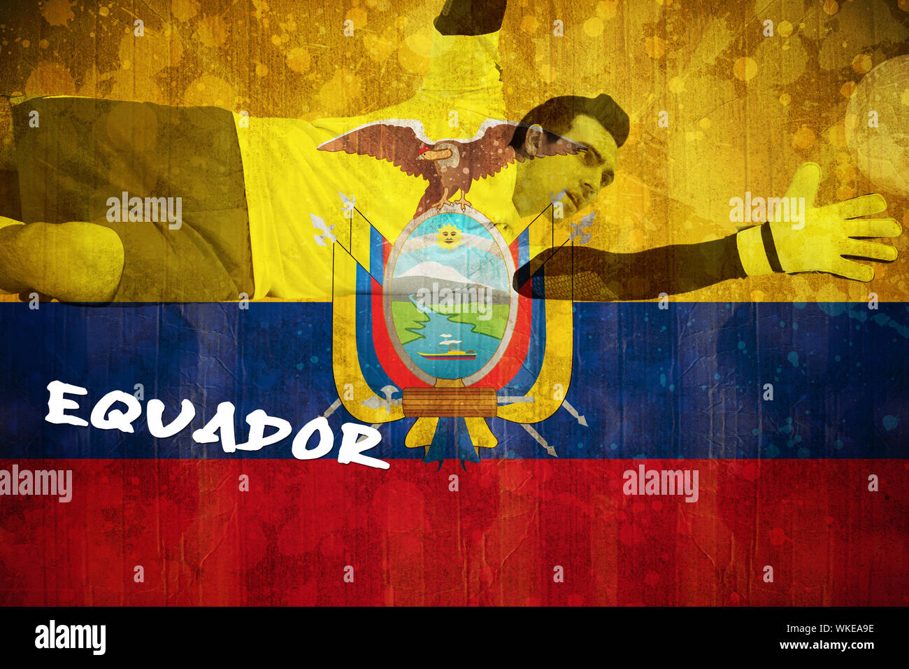 Goalkeeper in yellow making a save against ecuador flag in grunge effect Stock Photo