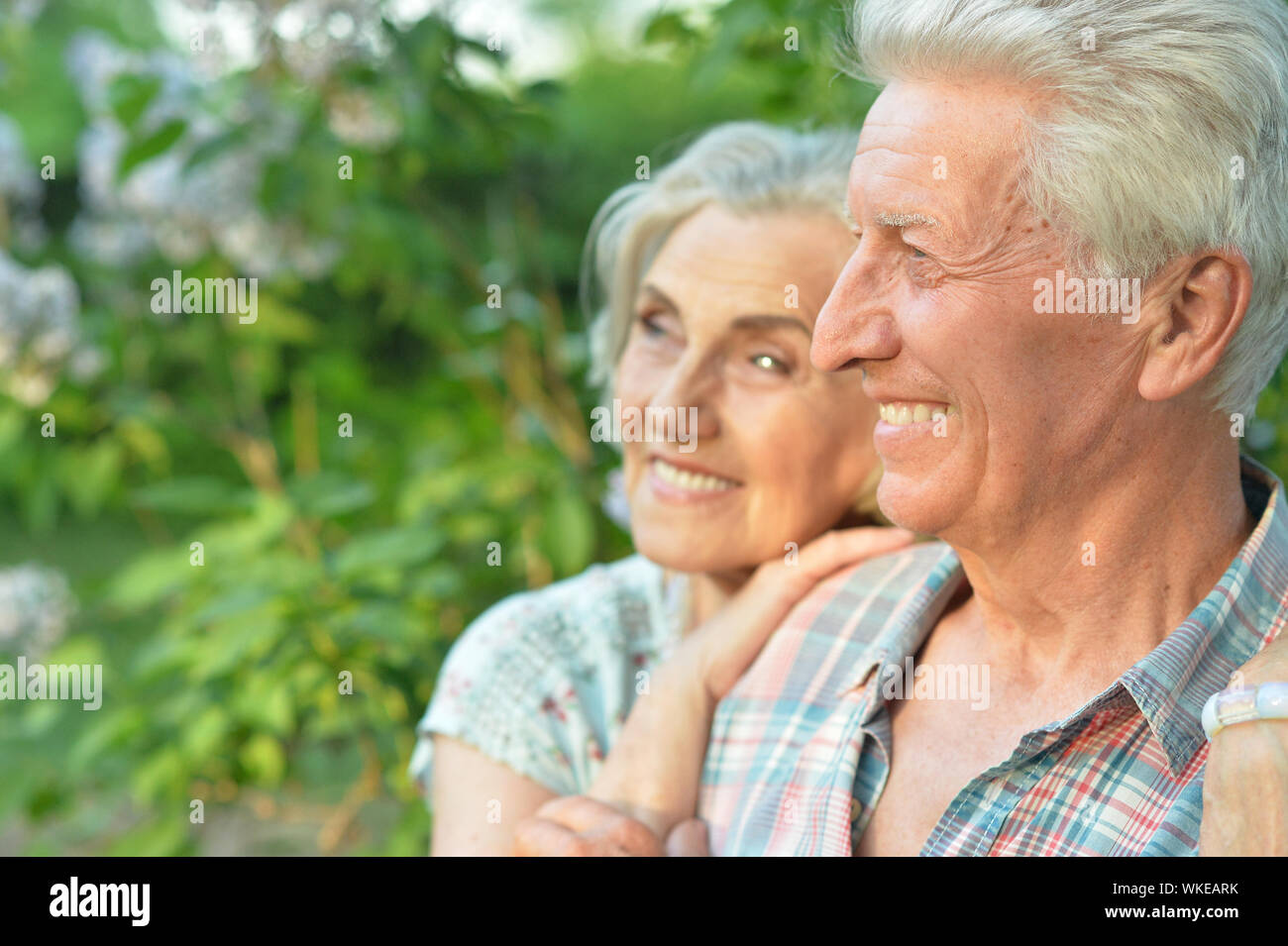 Beautiful senior couple posing in the summer park Stock Photo - Alamy