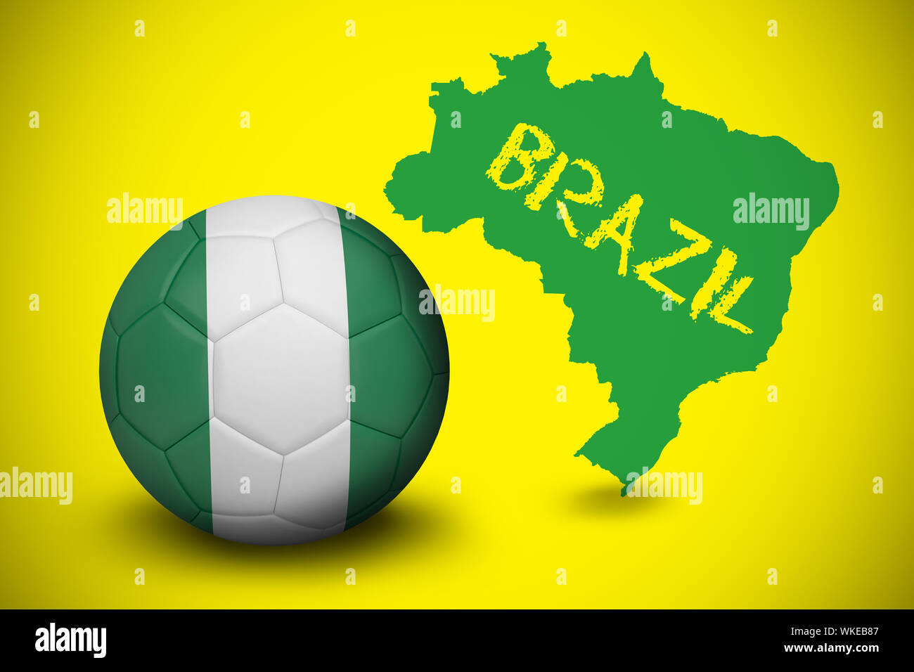 Football in nigeria colours against green brazil outline on yellow with text Stock Photo