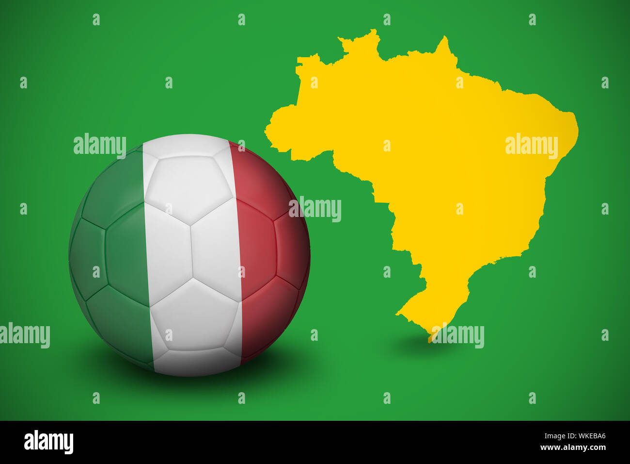Football in italy colours against yellow brazil outline on green Stock Photo