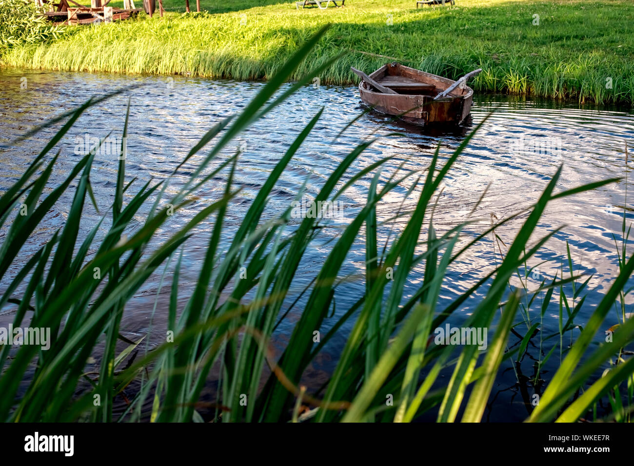 A small wooden rowing boat with a broken bottom on a calm lake near the shore. Belarus Stock Photo