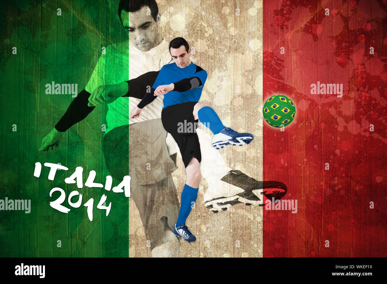 Football player in blue kicking against italy flag in grunge effect ...