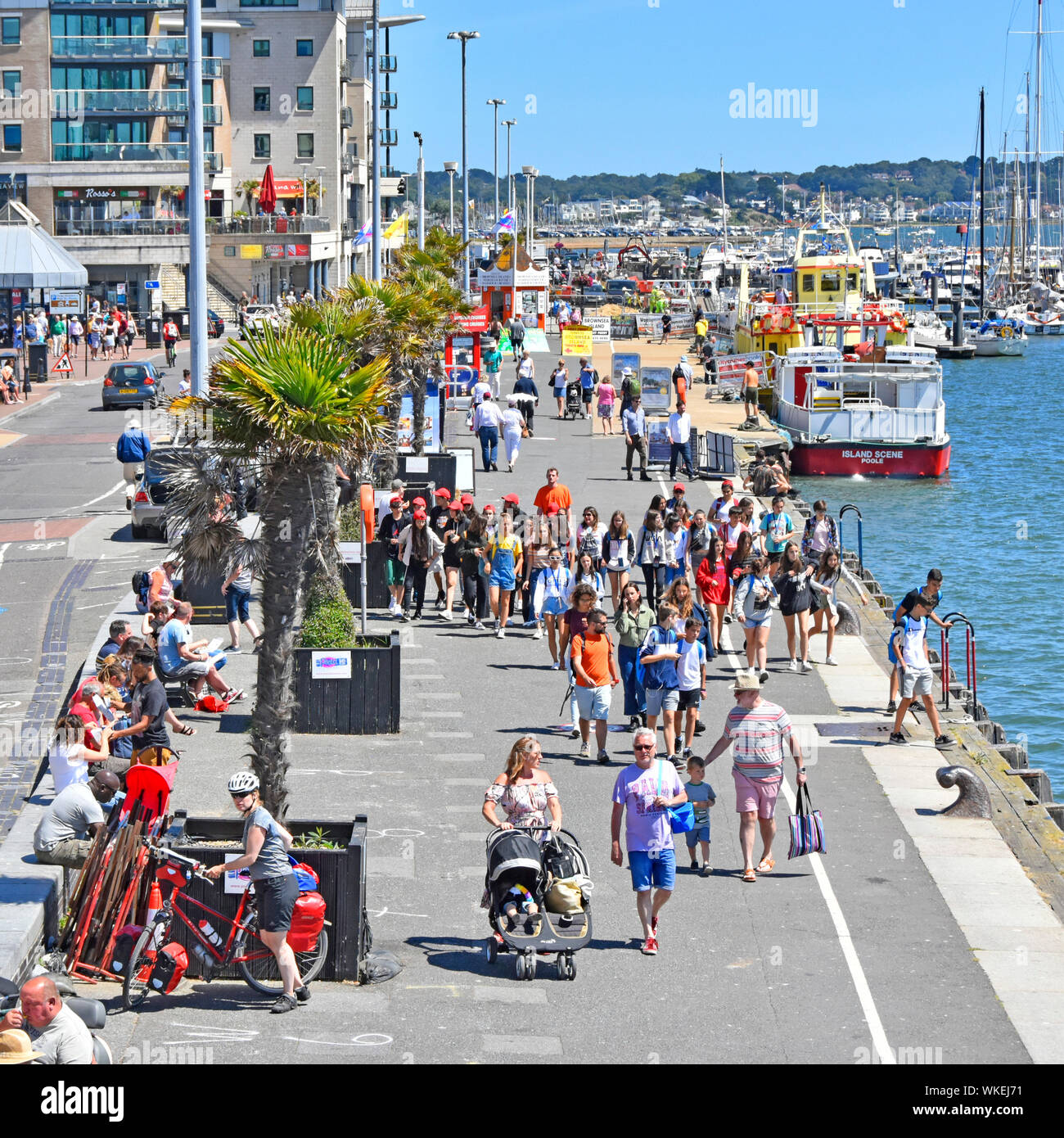 Poole Harbour view of summer season group of people seen from above walking along harbour promenade quay tour boat & marina beyond Dorset England UK Stock Photo