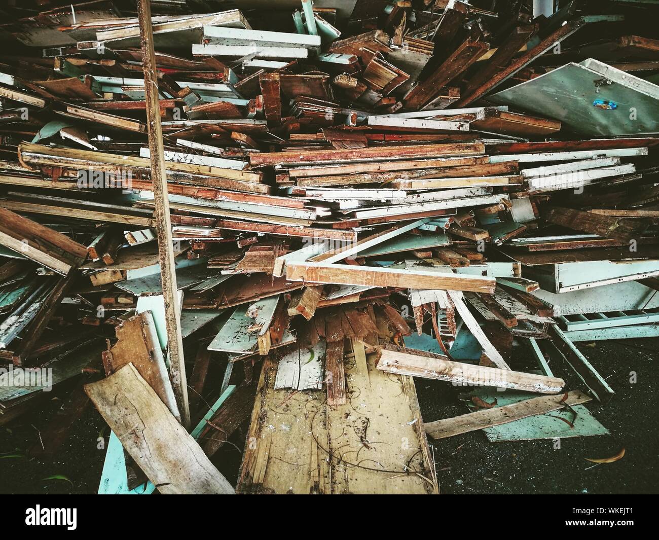 Stacked Abandoned Wooden Furniture At Junkyard Stock Photo Alamy