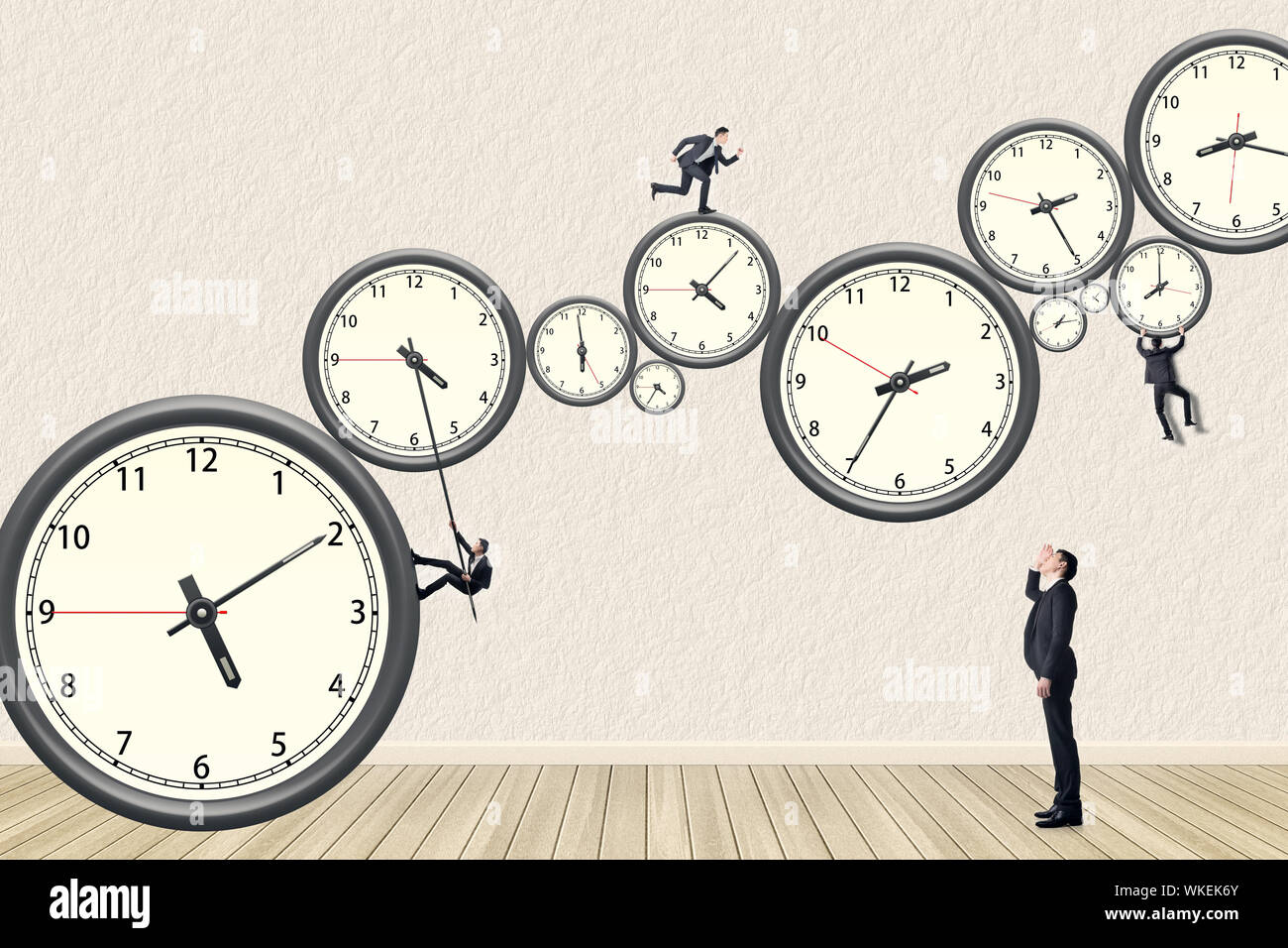 Asian business man try his best to do the time management. Photo compilation using the same model. Stock Photo