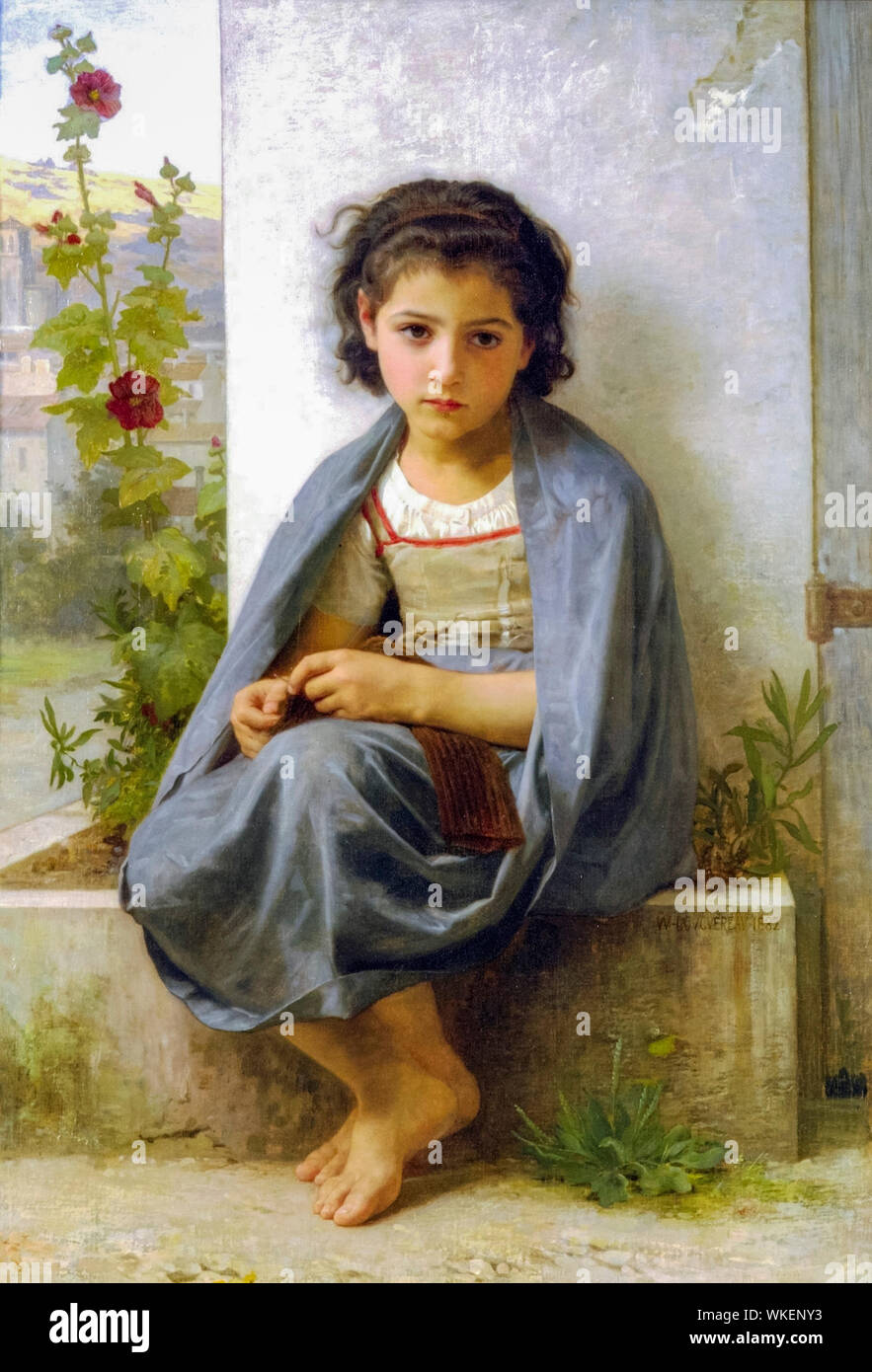 William-Adolphe Bouguereau, The Little Knitter, painting, 1882 Stock Photo