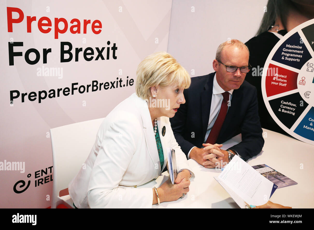 Minister for Foreign Affairs Simon Coveney and Minister for Business Heather Humphreys at the launch of the 'Getting Your Business Brexit Ready - Practical Steps' campaign during Enterprise Ireland's International Markets Week at the RDS in Dublin. Stock Photo