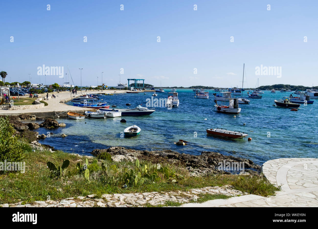 Scenic View Of Porto Cesareo Beach Against Clear Sky Stock Photo