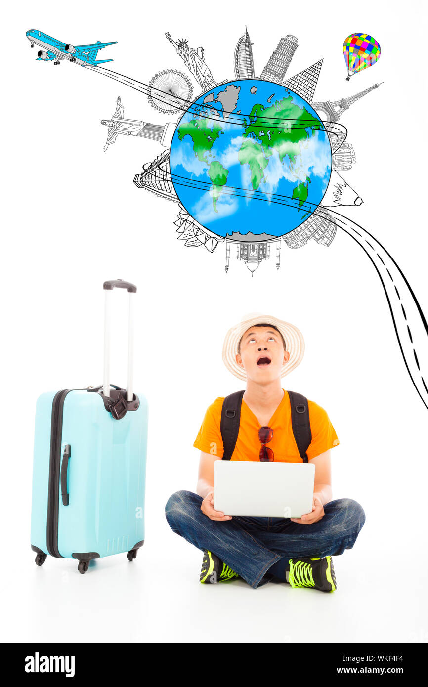 surprising young traveler to watch up a worldwide travel landmark Stock Photo