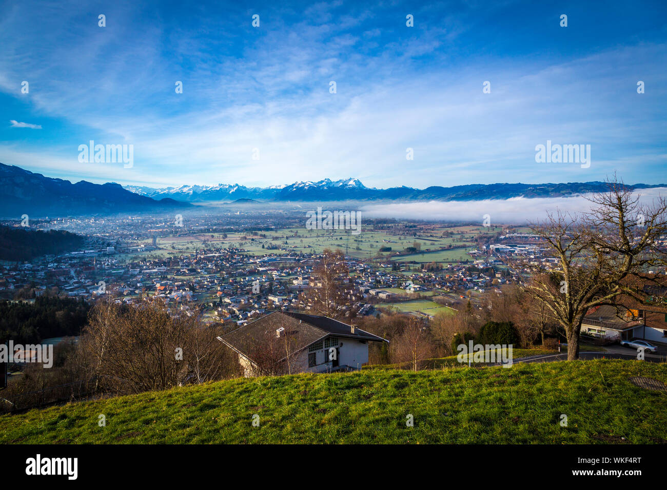 traumhafter Ausblick von Bildstein auf das Rheintal und die Schweizer Berge Stock Photo