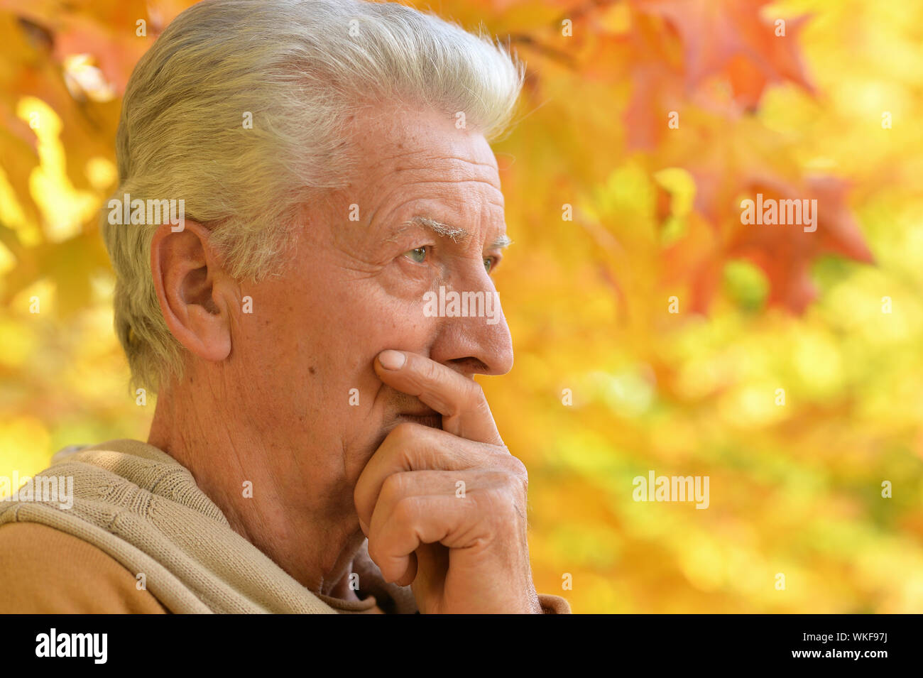 Portrait of sad senior man posing outdoors Stock Photo