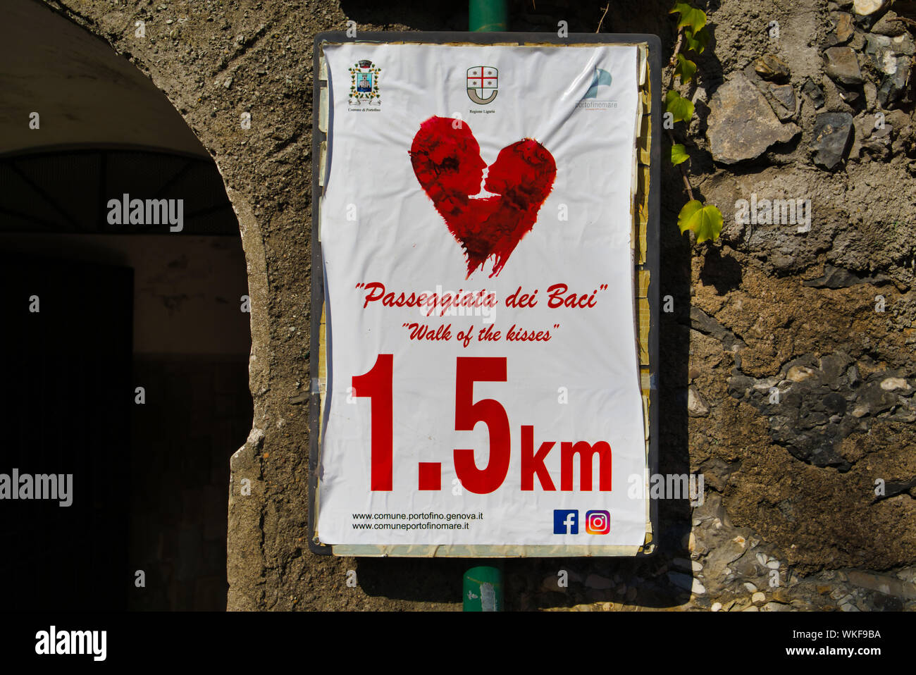 Portofino, Italy - AUGUST 15, 2019: Nameplate - 1,5 kilometer love path / walk along the love path along the Ligurian coast / Italian riviera Stock Photo
