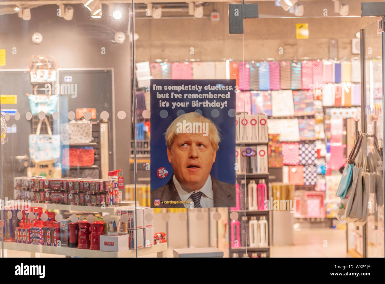 Image of Prime Minister Boris Johnson used as an advertisement for greetings card shop. I'm completely clueless but I've remembered your birthday Stock Photo