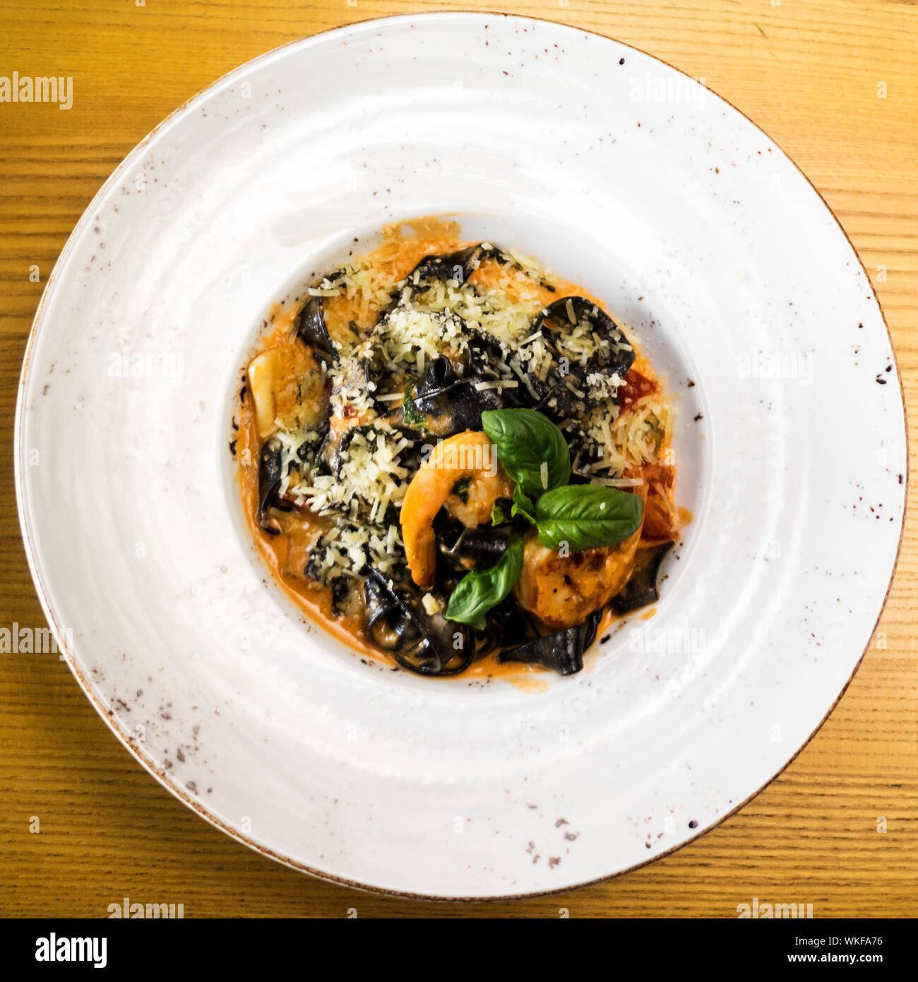 Directly Above Shot Of Fettuccine With Shrimps Served In Plate On Table Stock Photo