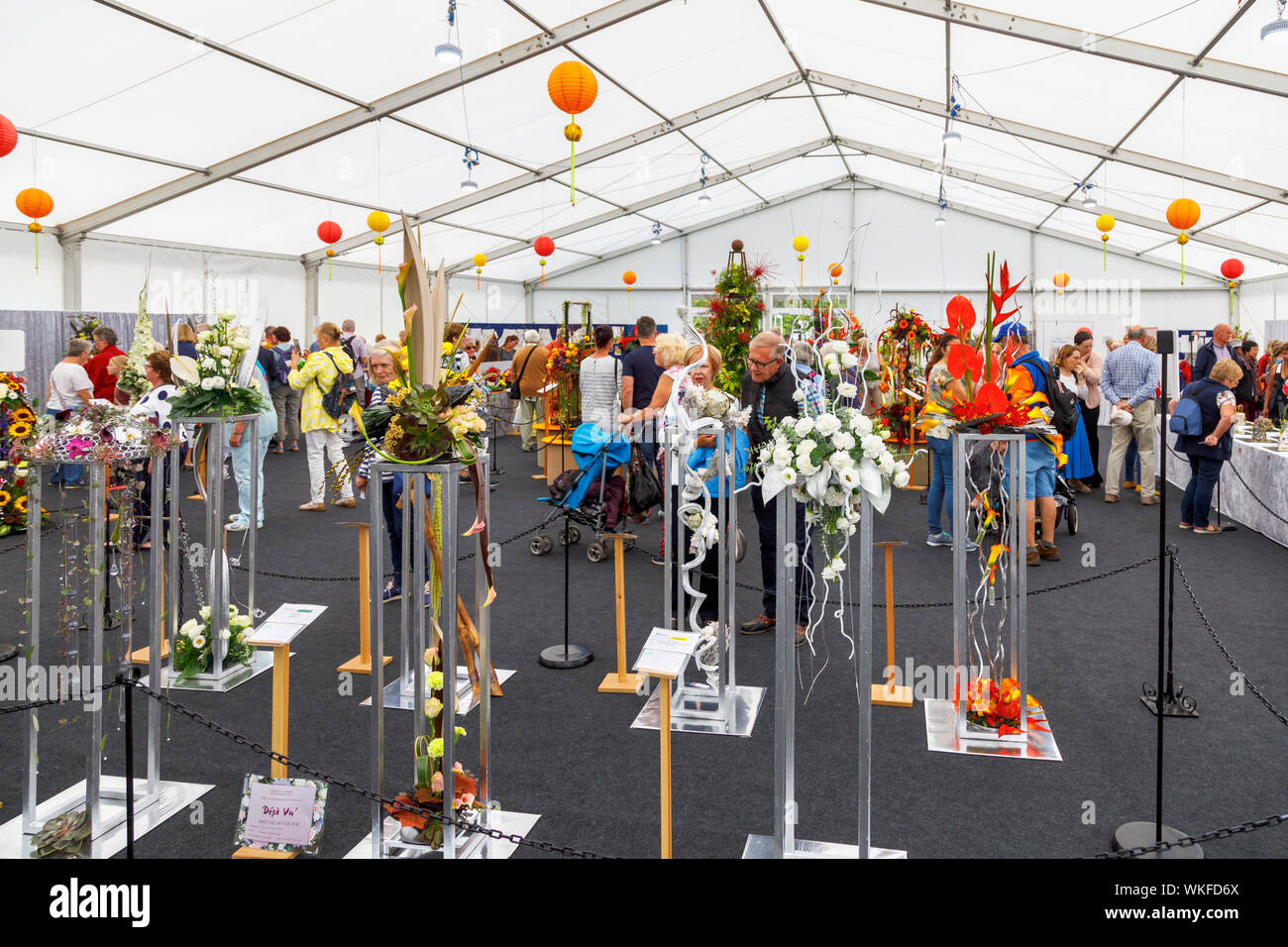 Flower arrangements at the NAFAS Floral Art Display at the September 2019 Wisley Garden Flower Show, RHS Garden Wisley, Surrey, south-east England, UK Stock Photo