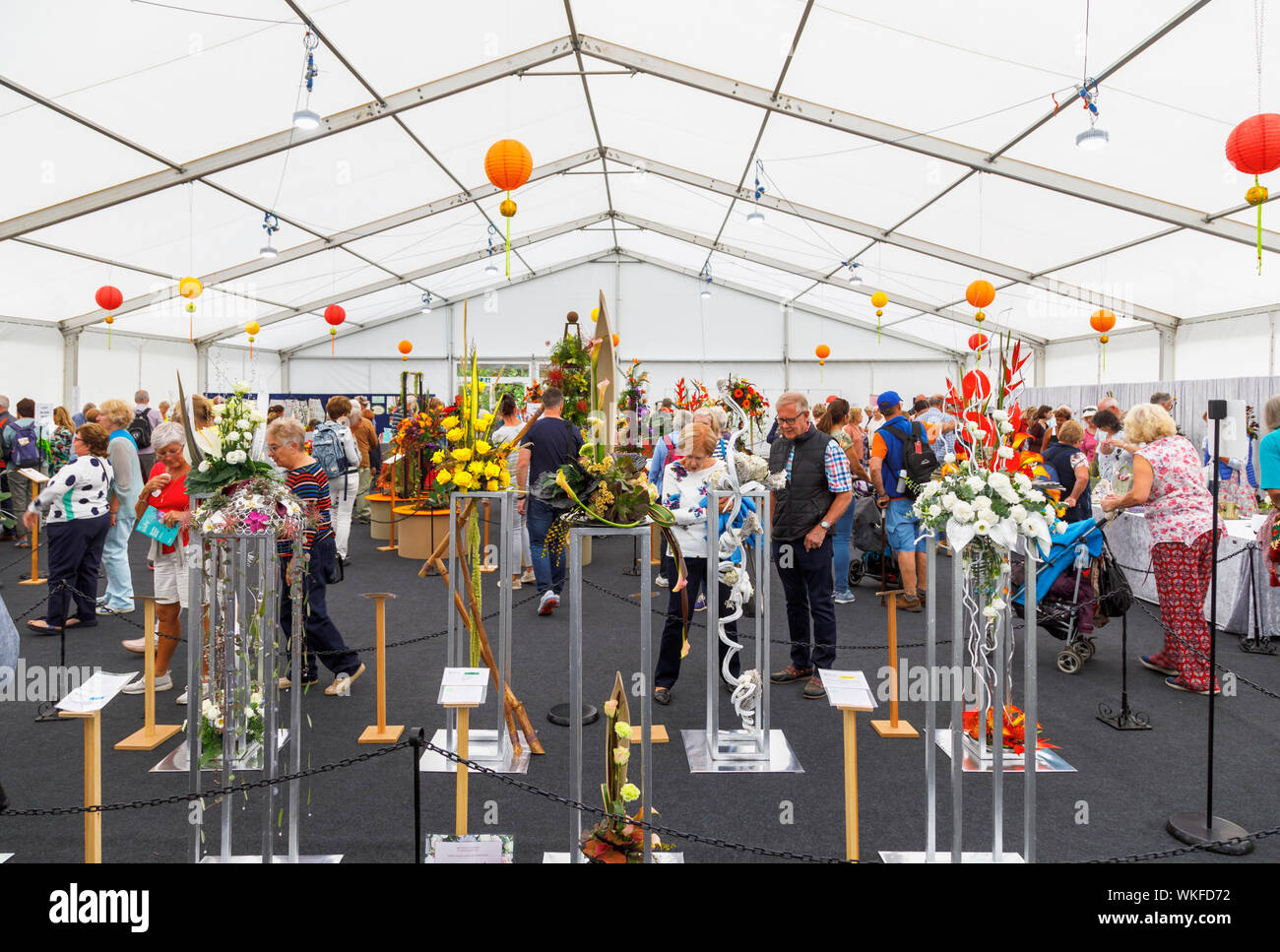 Flower arrangements at the NAFAS Floral Art Display at the September 2019 Wisley Garden Flower Show, RHS Garden Wisley, Surrey, south-east England, UK Stock Photo