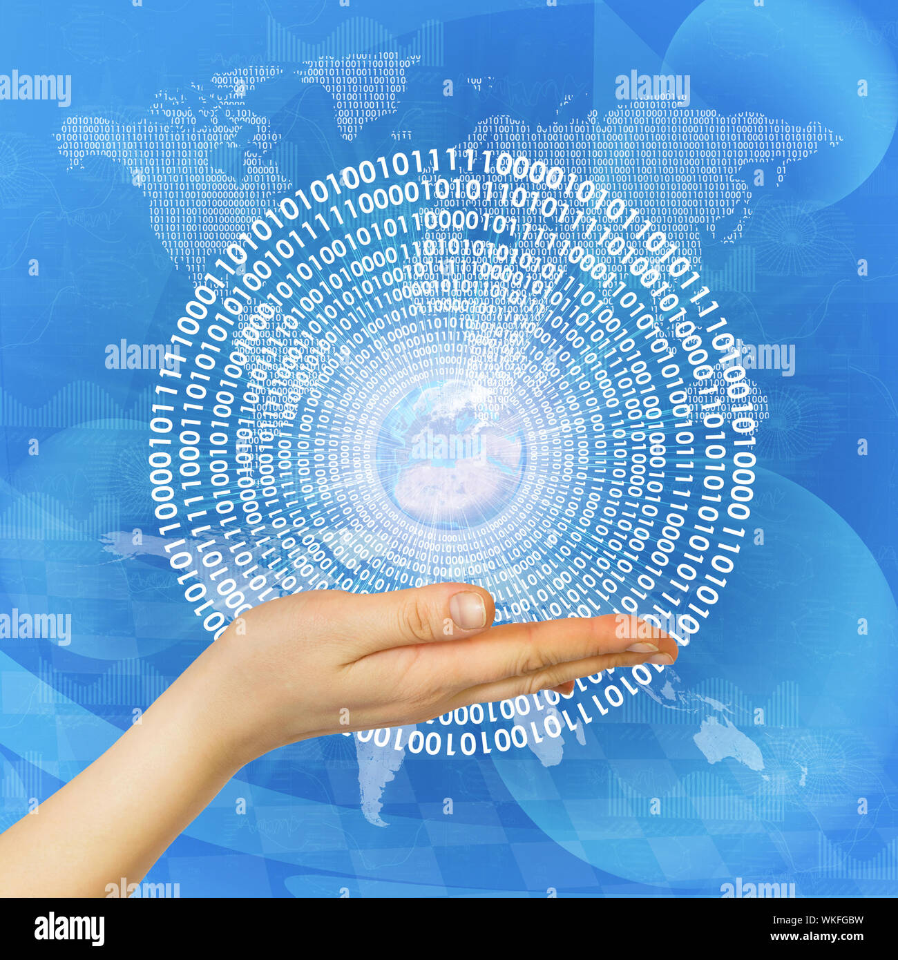 Hand hold glowing figures with the background of world map Stock Photo ...