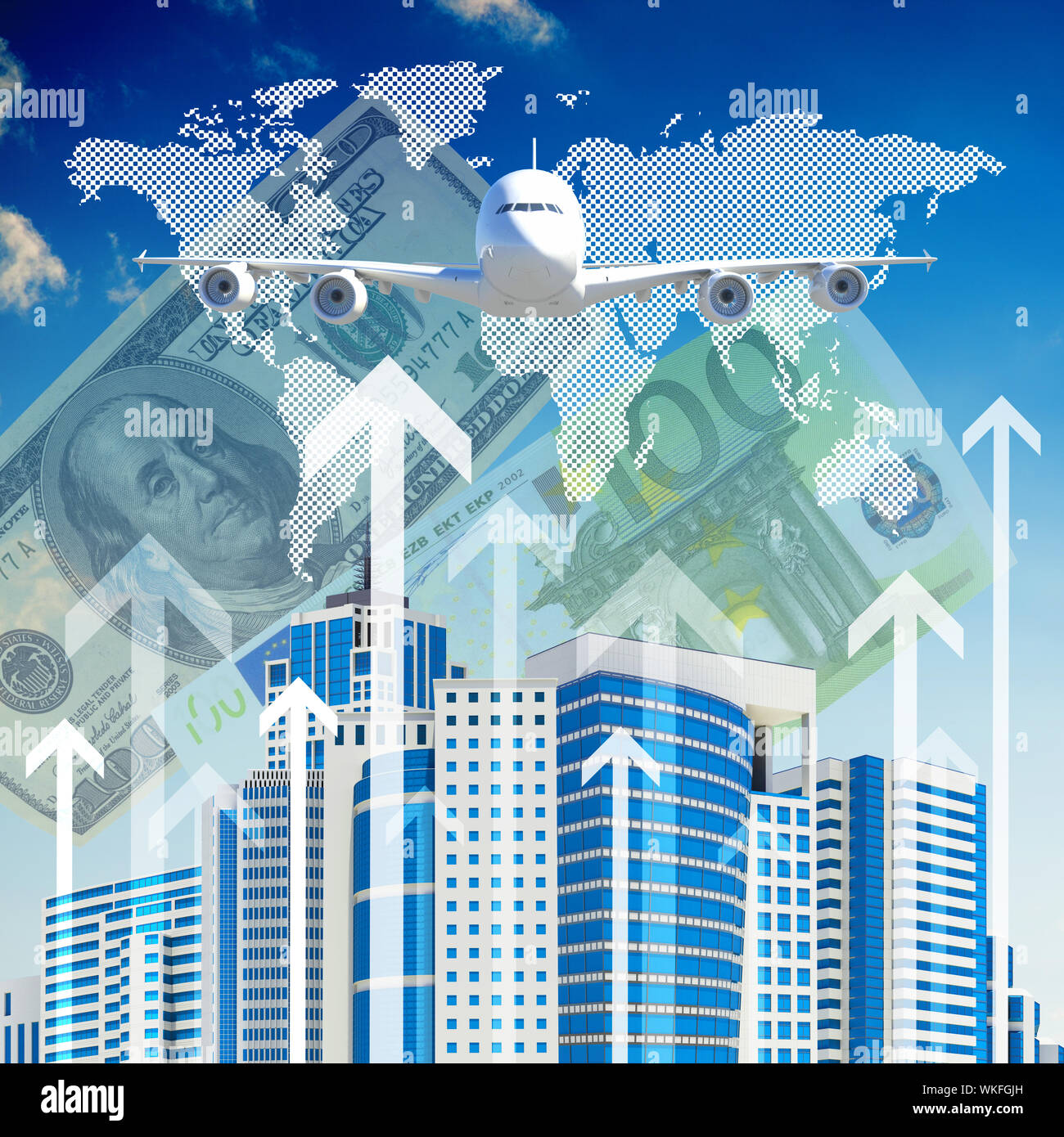 Airplane with the background of skyscrapers and arrows. Concept growth ...
