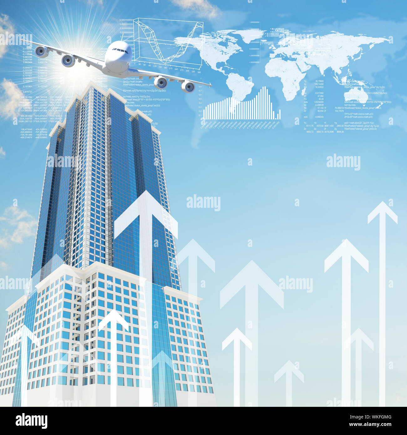Airplane with the background of skyscraper and arrows. Concept growth ...