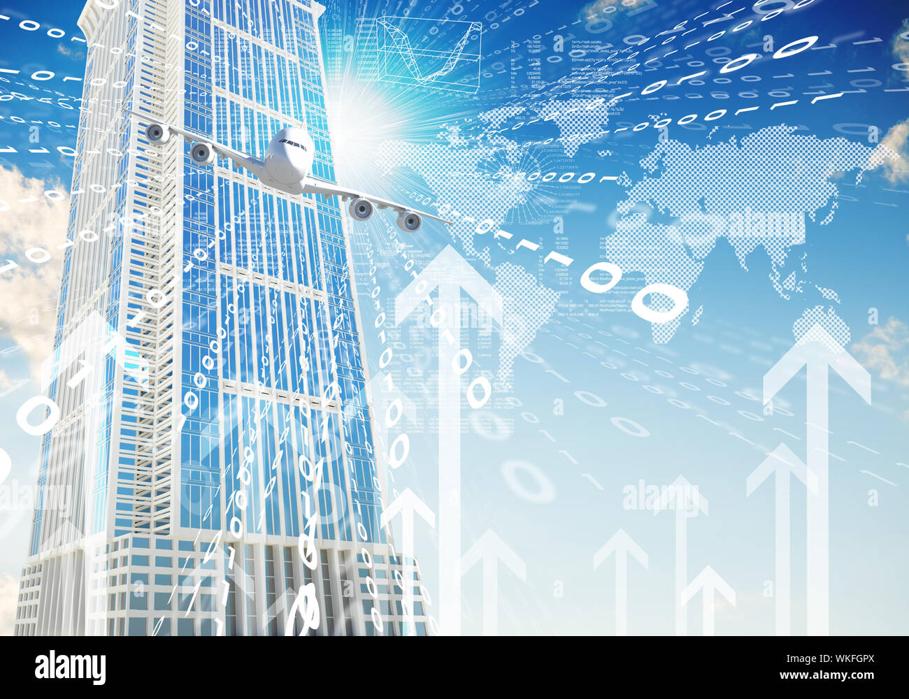 Airplane with the background of skyscrapers and arrows. Concept growth ...