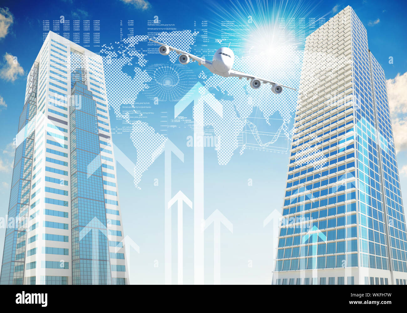 Airplane with the background of skyscrapers and arrows. Concept growth ...