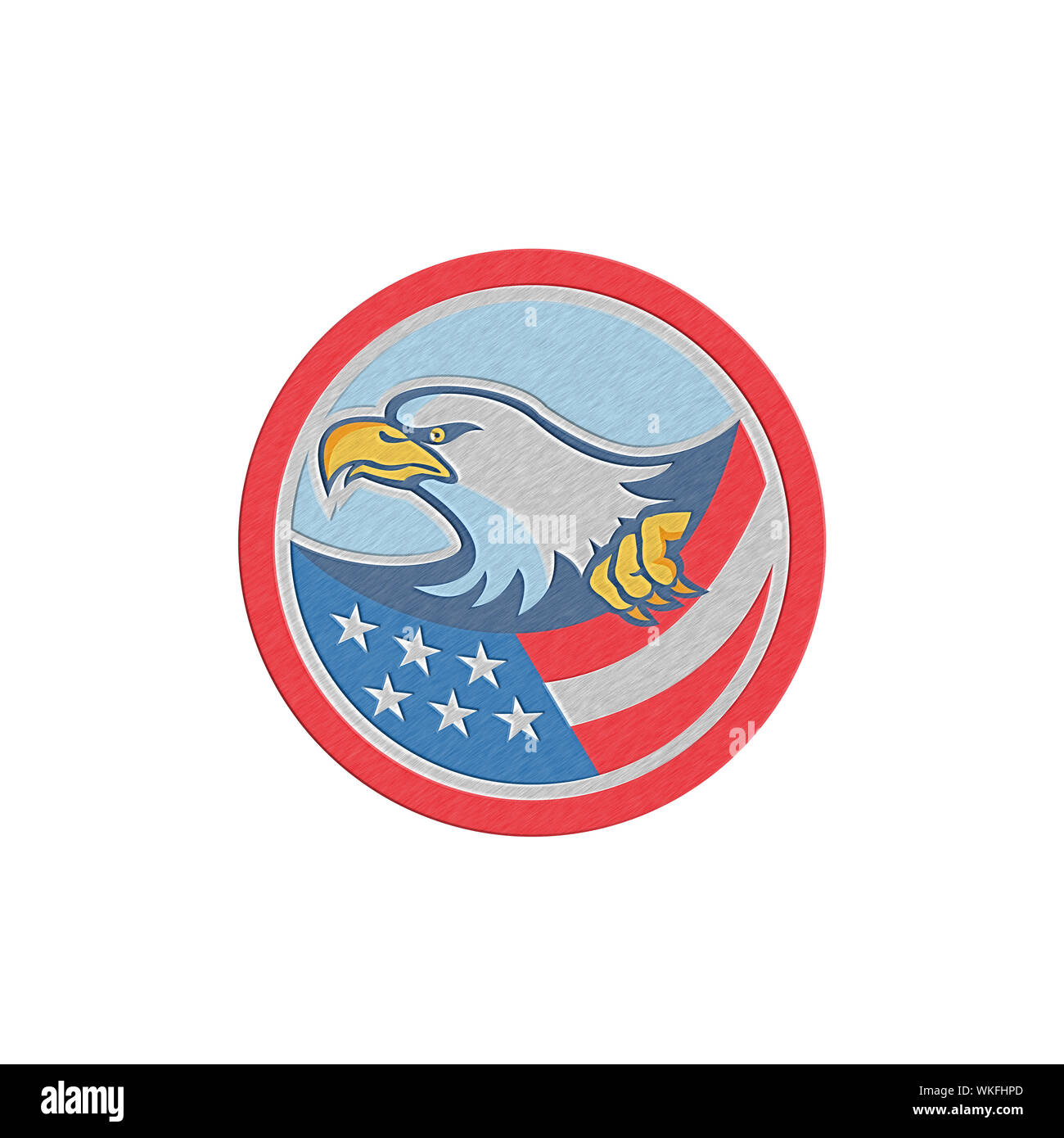 Metallic styled illustration of a bald eagle clutching an american stars and stripes flag set inside circle on isolated background done in retro style Stock Photo