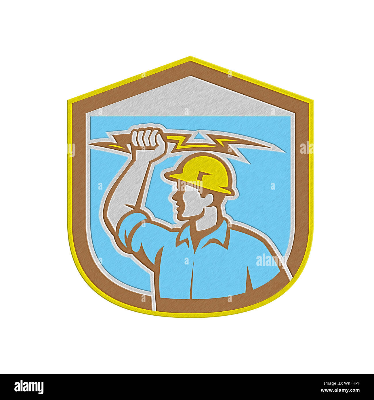 Metallic styled illustration of an electrician construction worker holding a lightning bolt set inside shield crest done in retro style on isolated ba Stock Photo