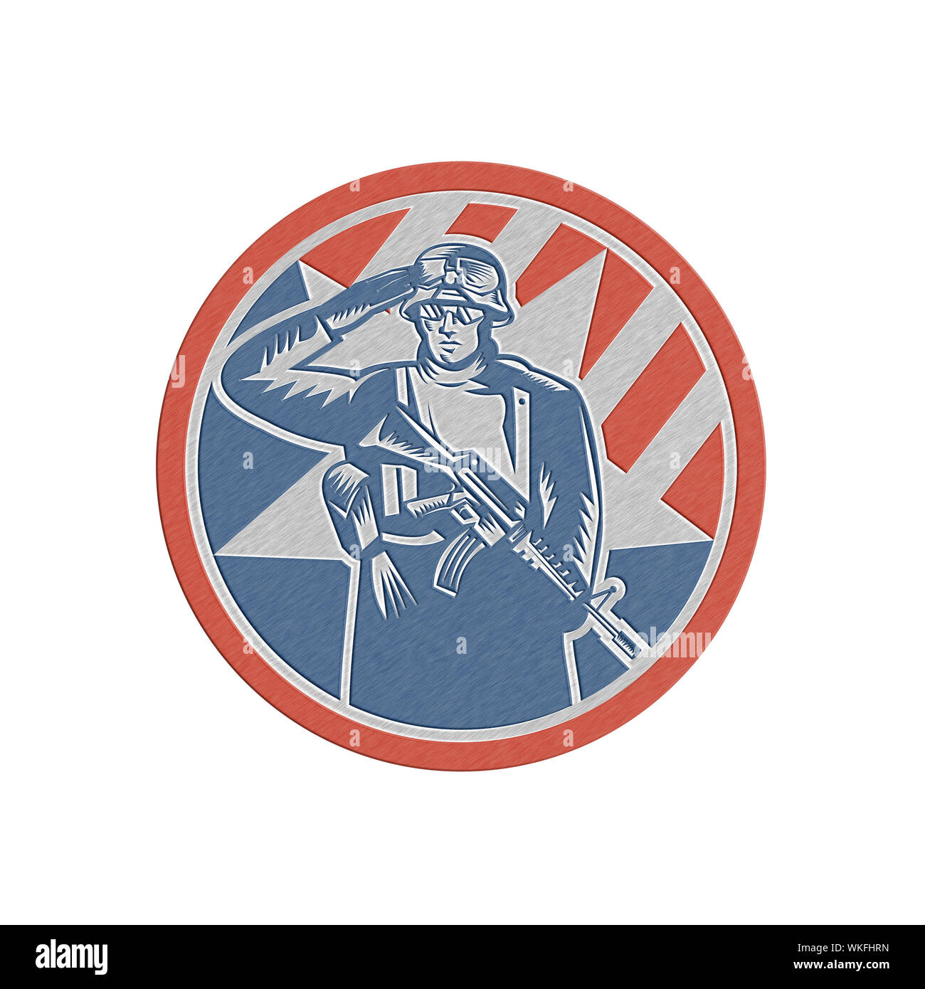 Metallic styled illustration of an American soldier serviceman saluting holding rifle gun facing front inside circle done in retro style. Stock Photo
