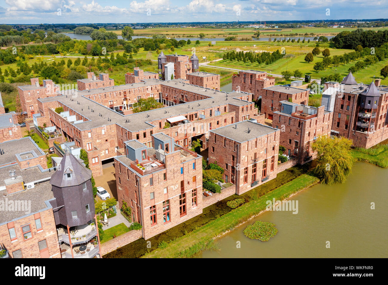 The special architecture of the castle houses in Den Bosch from the air Stock Photo