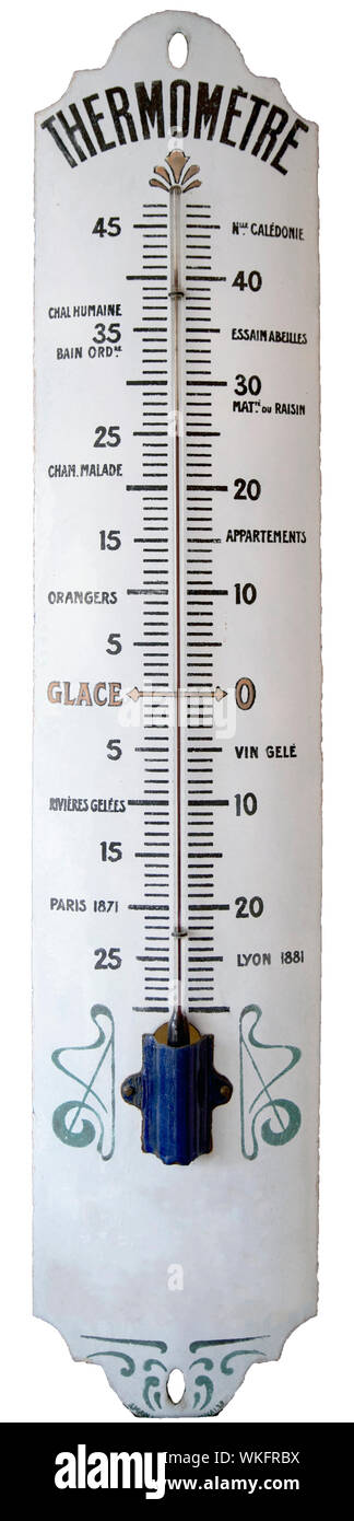 Retro style thermometer with temperature references noted on it: "room,  apartment, frozen wine, ice, frozen river, sick room, orange tree, Paris  1871 Stock Photo - Alamy
