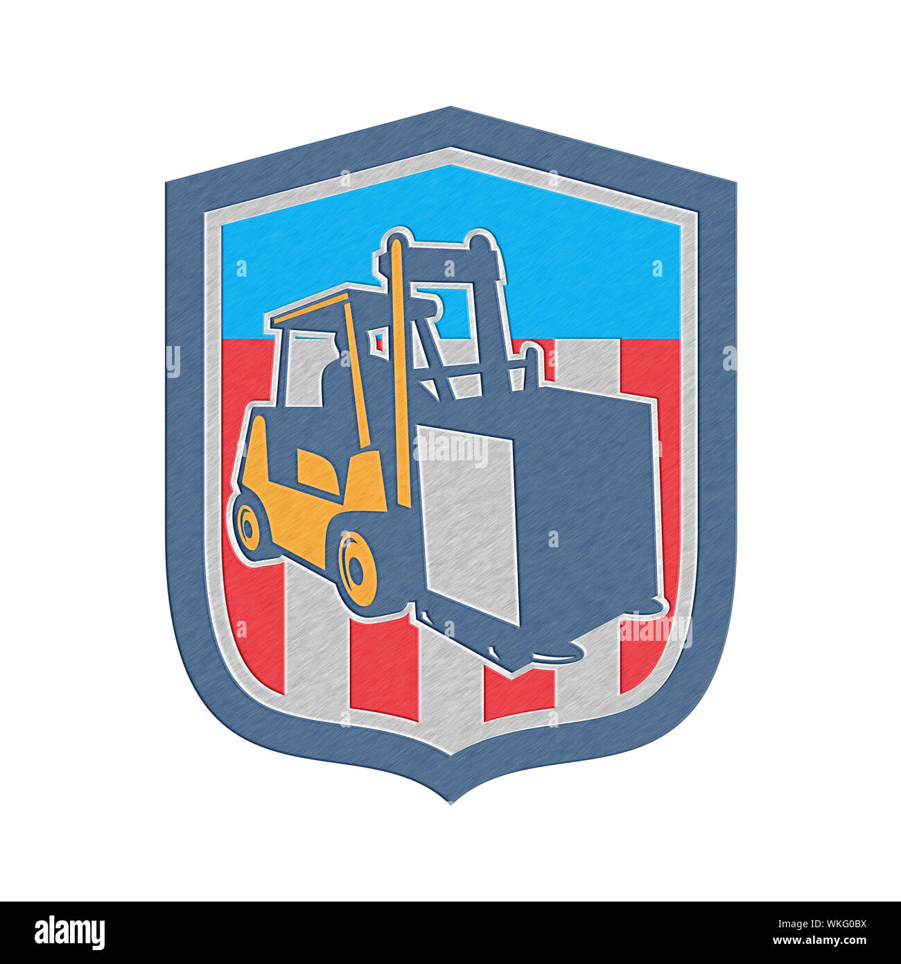 Metallic styled illustration of a forklift truck and driver at work lifting handling box crate done in retro style inside shield crest shape. Stock Photo