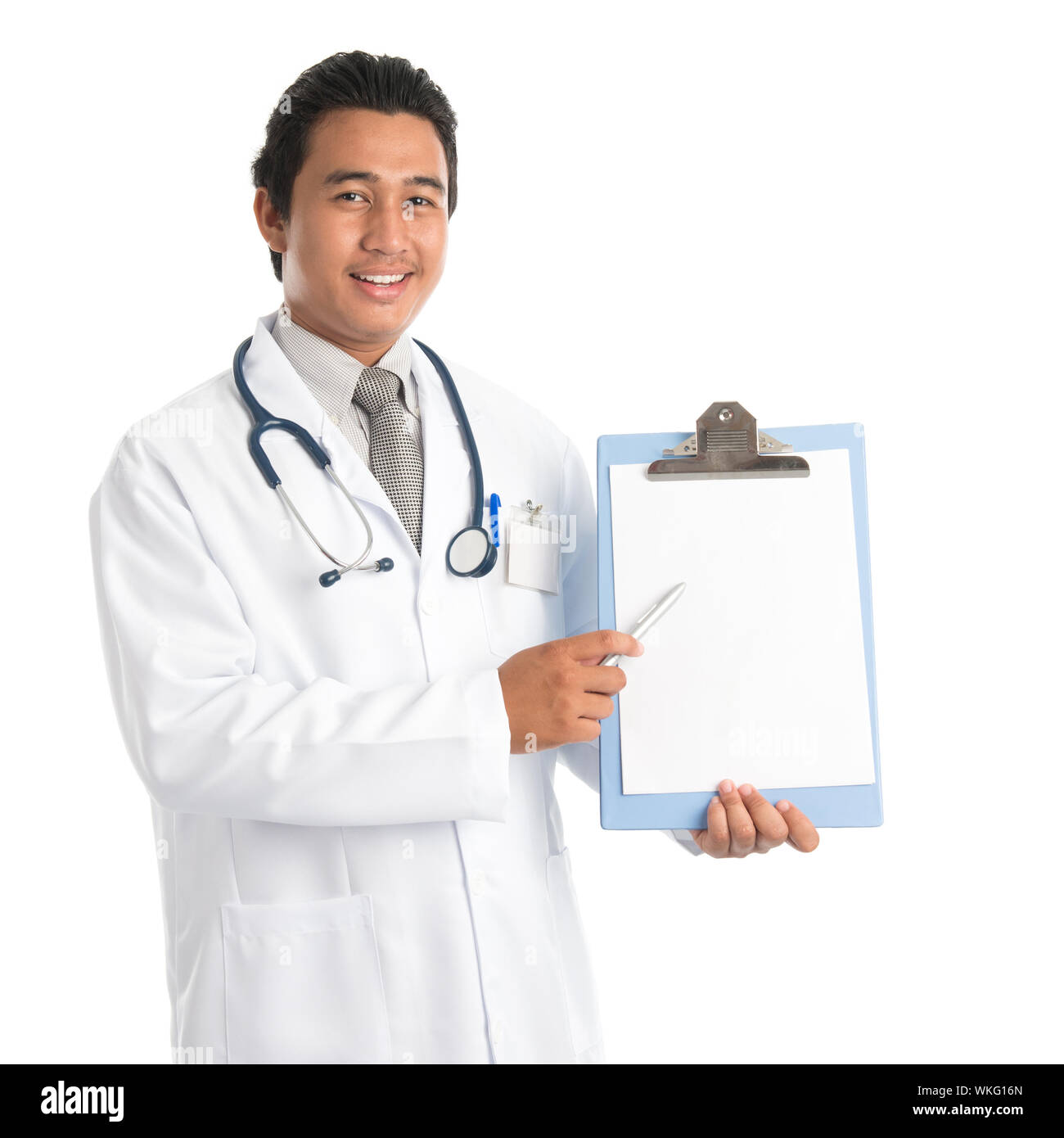 Portrait of southeast Asian male medical doctor showing and pointing to ...