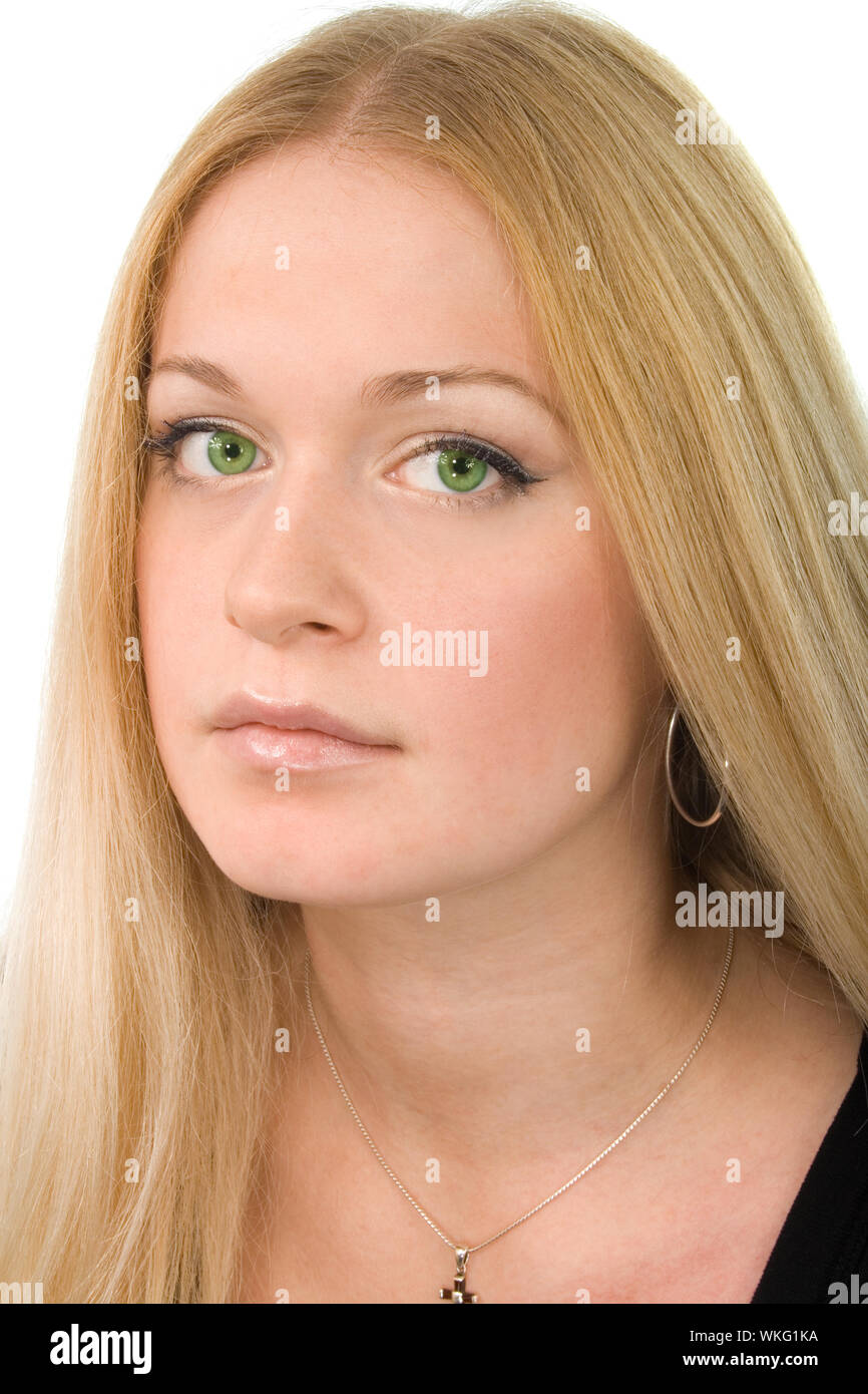 portrait of pretty green-eyed blonde on white background Stock Photo