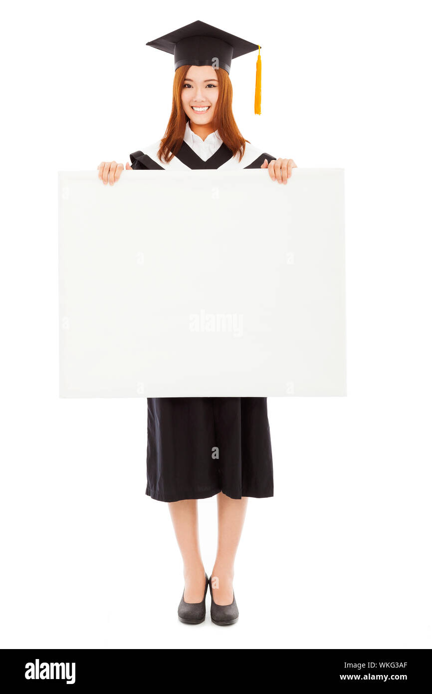 happy young female graduation students with blank board Stock Photo - Alamy