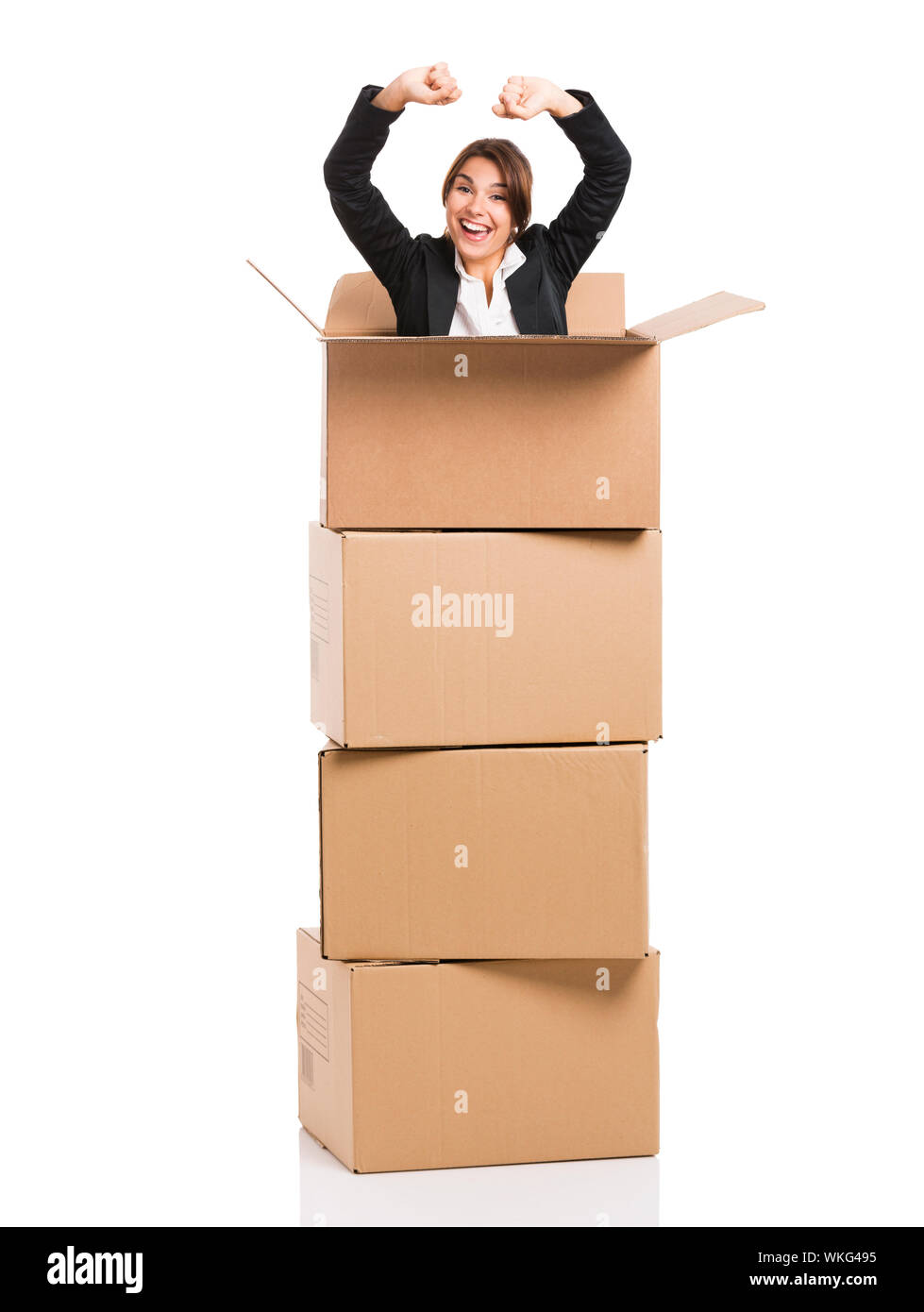 Happy business woman appear inside big card boxes, isolated over white ...