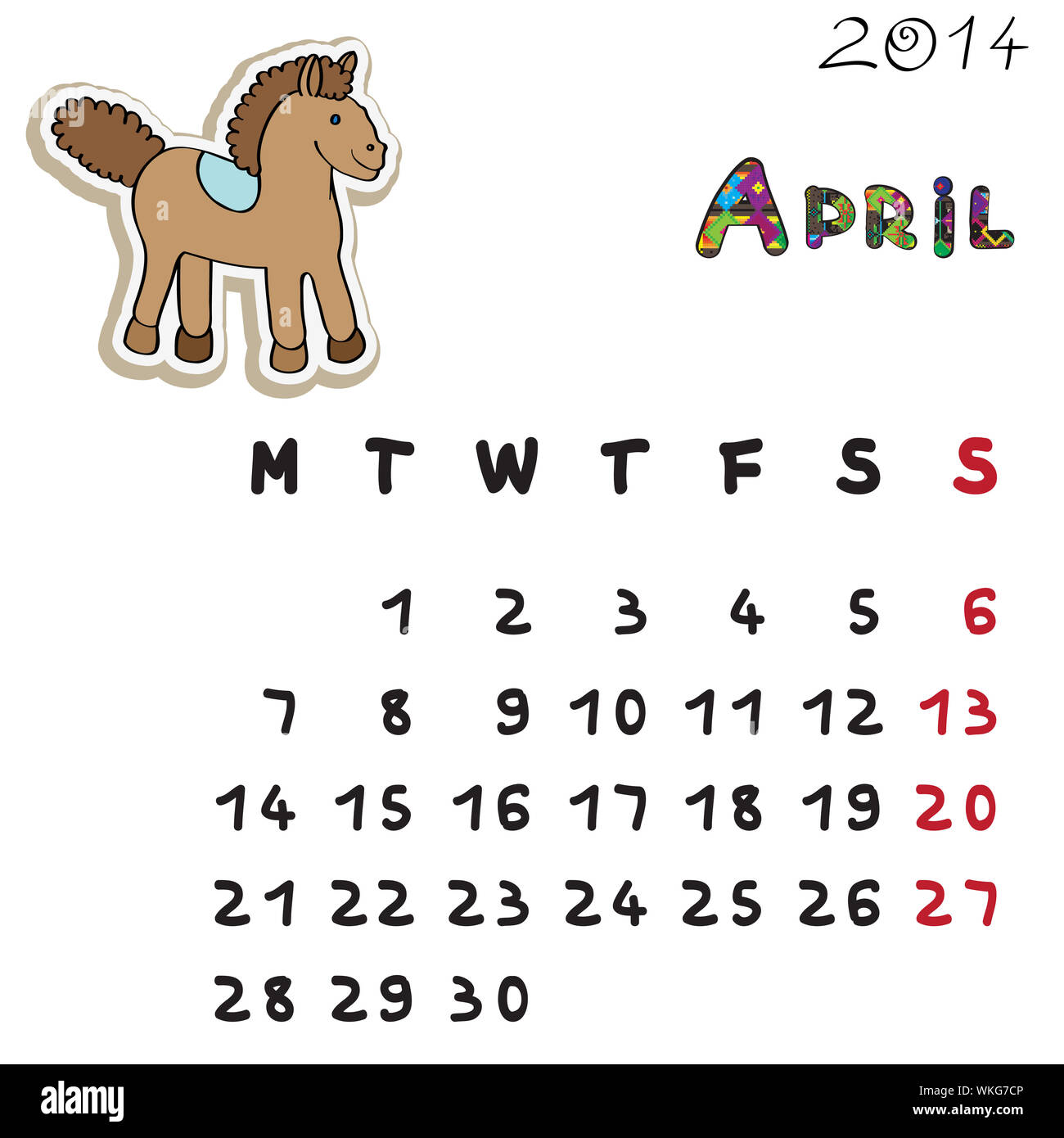 Calendar 2014 year of the horse, graphic illustration of April monthly  calendar with toy doodle and original hand drawn text Stock Photo - Alamy