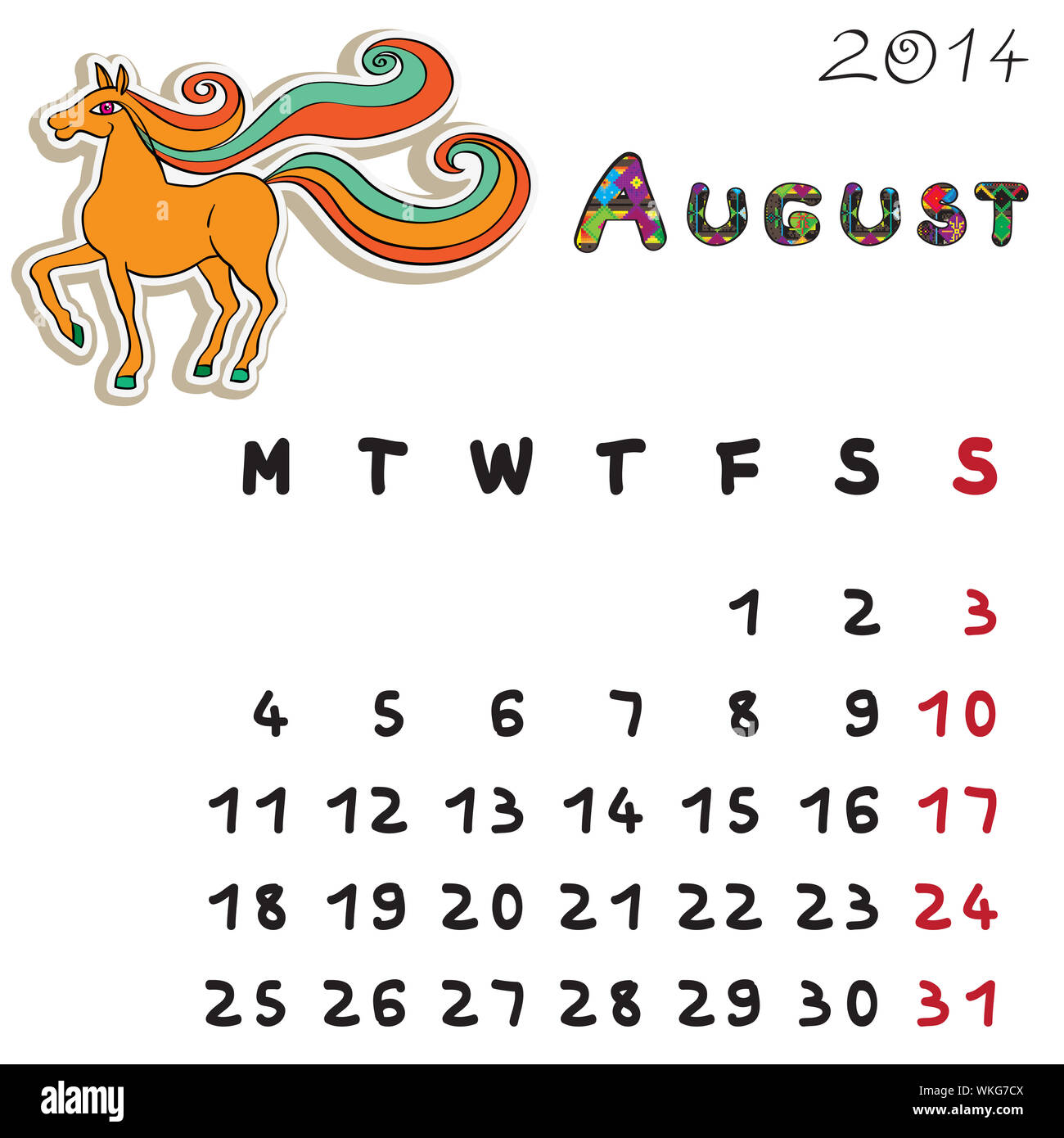 Calendar 14 Year Of The Horse Graphic Illustration Of August Monthly Calendar With Toy Doodle And Original Hand Drawn Text Colored Format For Kids Stock Photo Alamy