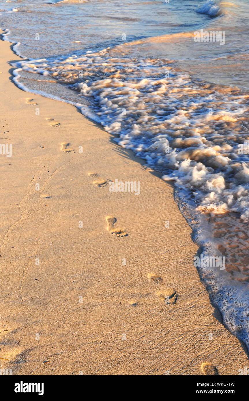 Footprints on sandy tropical beach washed away by waves Stock Photo