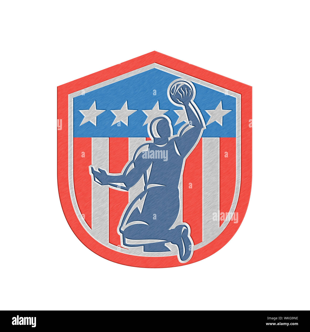 Metallic styled illustration of a basketball player dunking rebounding ball viewed from the rear set inside American stars and stripes flag shield cre Stock Photo