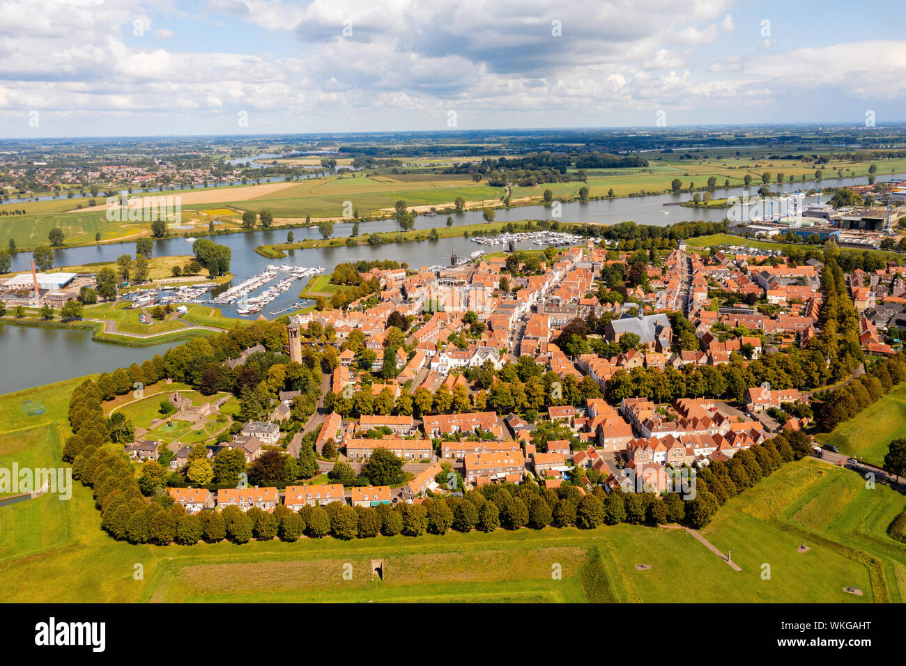 Fortress city Heusden, the Netherlands in helicopter view from the air. Stock Photo