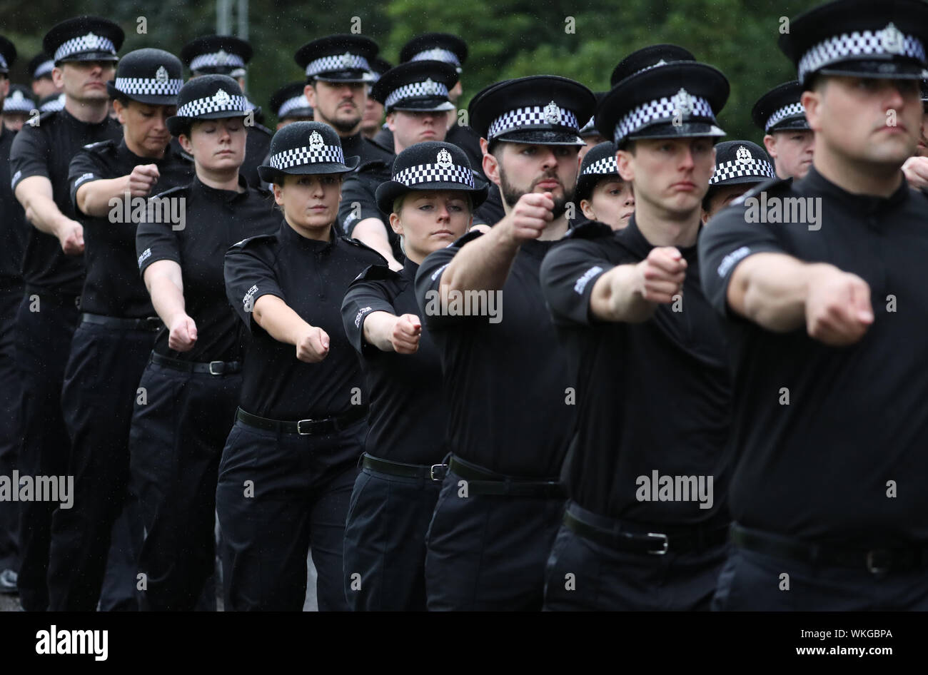 Police Scotland officers on probation, take part in the Scottish Police Memorial Service at Police Scotland headquarters at Tulliallan. PA Photo. Picture date: Wednesday September 4, 2019. The annual event, is attended by the families of officers who have died on duty in Scotland, as well as senior officers and politicians. This year the constitution of the Scottish Police Memorial Trust has been amended to enable the names of all those who died on duty whilst serving with a policing agency in Scotland to also be included on the memorial at Tulliallan. See PA story SCOTLAND Memorial. Photo Stock Photo