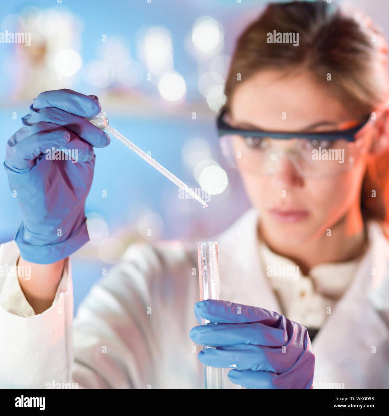 Focused young life science professional pipetting solution into the