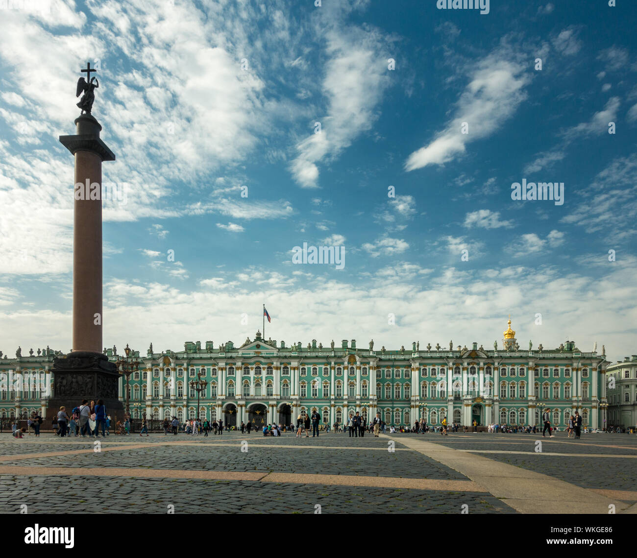 Column of Alexander in the Dvortsovaya square in Saint Petersburg, Russia. Hermitage museum, Winter Palace. Stock Photo