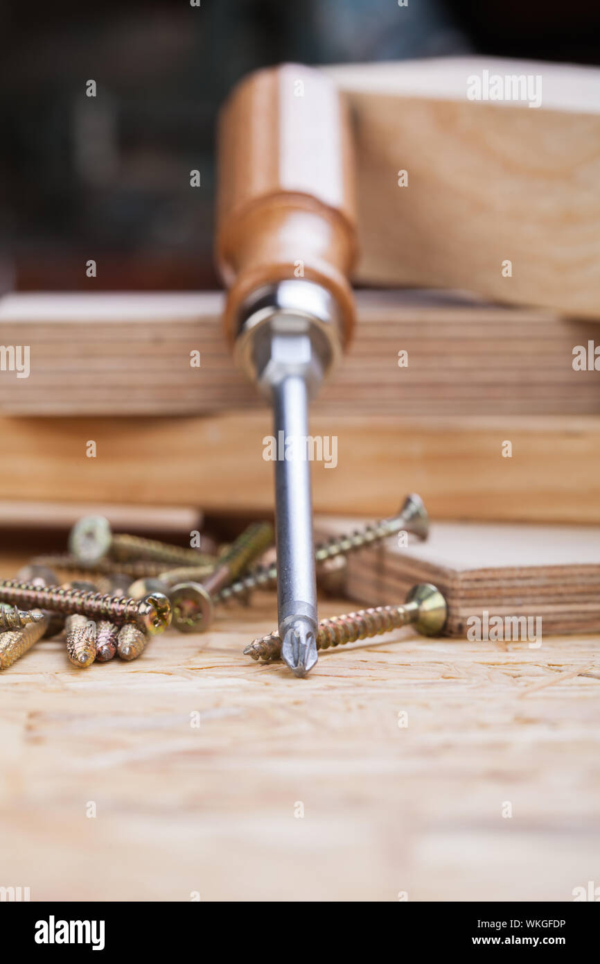 Close up view of a Phillips head screwdriver and threaded metal wood