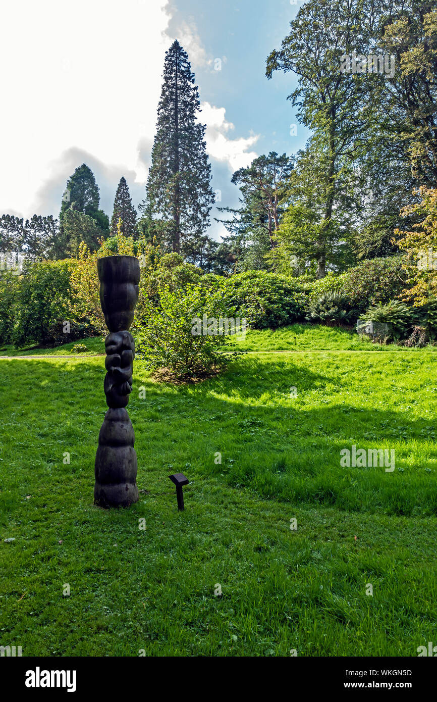 Ripe sculpture in elm wood by Ali Jeffery in Dawyck Botanic Garden Stobo near Peebles Scottish Borders Scotland UK Stock Photo