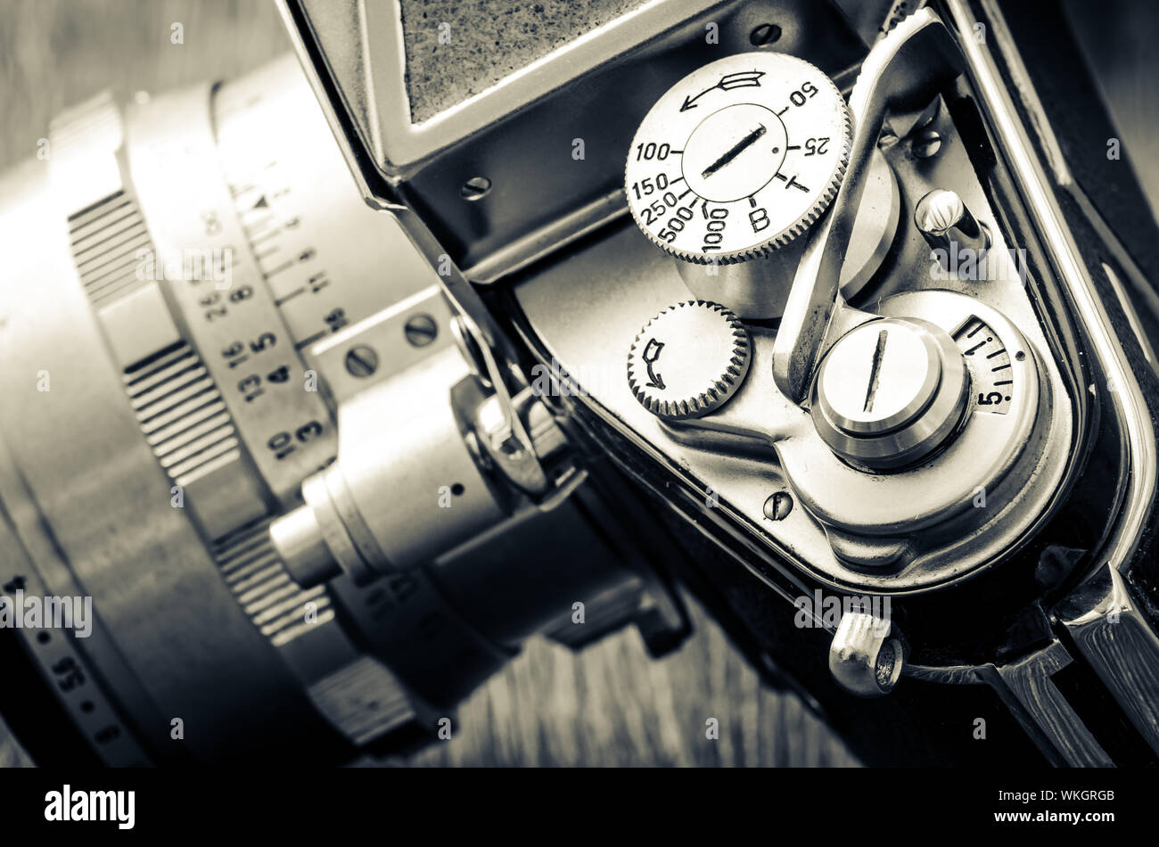 Detail of old classic camera mechanical dials in vintage monochrome ...