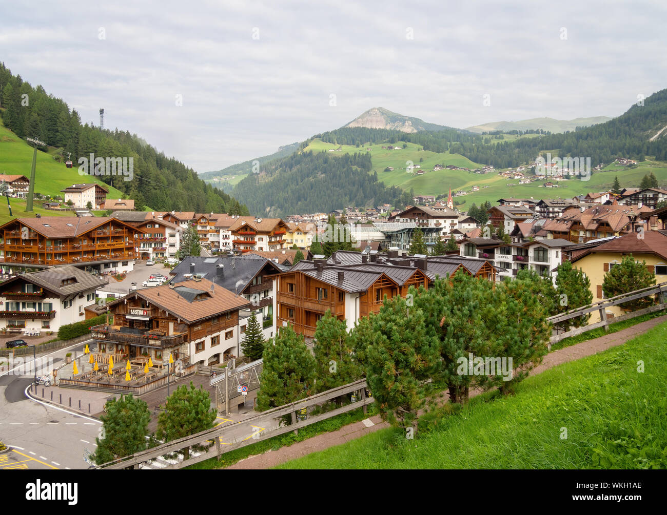 VAL DI GARDENA, ITALY - SEPTEMBER 1, 2019: View of Selva Val di Gardena in Alto Adige with the Dolomites behind. Stock Photo