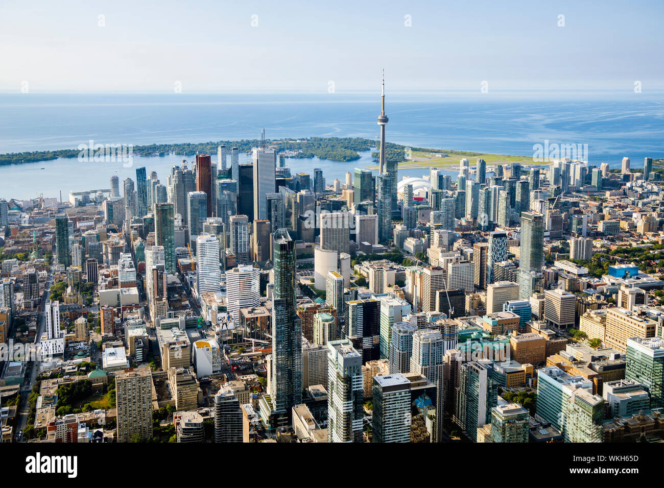 An aerial view of downtown Toronto skyline from the north looking south toward the business district and the Toronto Islands. Stock Photo