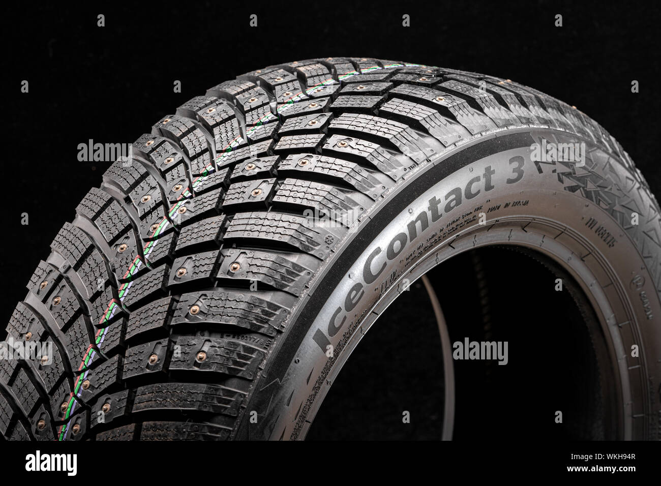 Krasnoyarsk, russia, 27 august 2019: continental icecontact 3 new premium winter  studded tires on a dark black background Stock Photo - Alamy